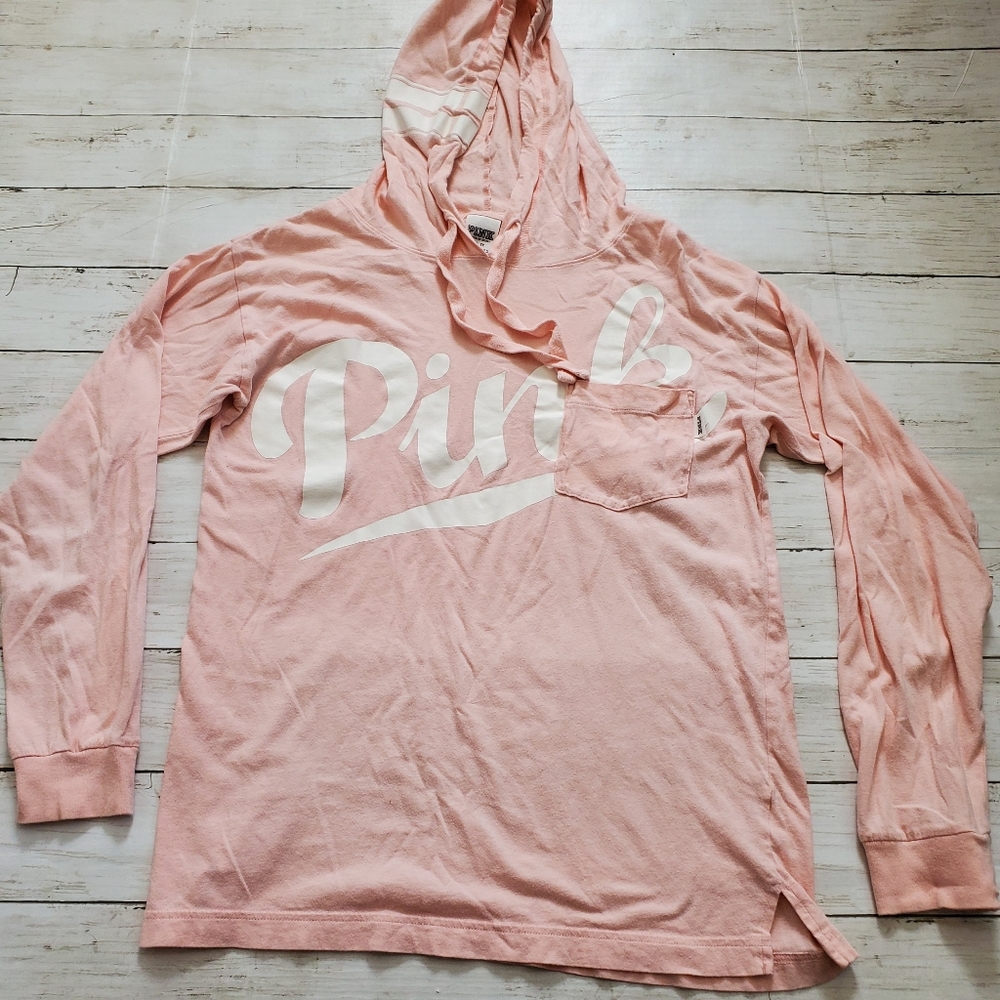 Victoria's secret PINK long sleeve hooded tee light pink XS Y2k‎ Big Logo Vsco
